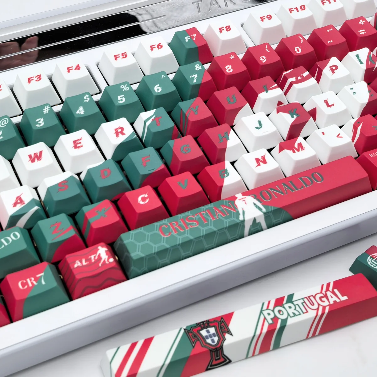 A collection of Cristiano Ronaldo PBT keycaps from the exclusive CR7 Football Legend Set, showcasing various dynamic angles and premium details.