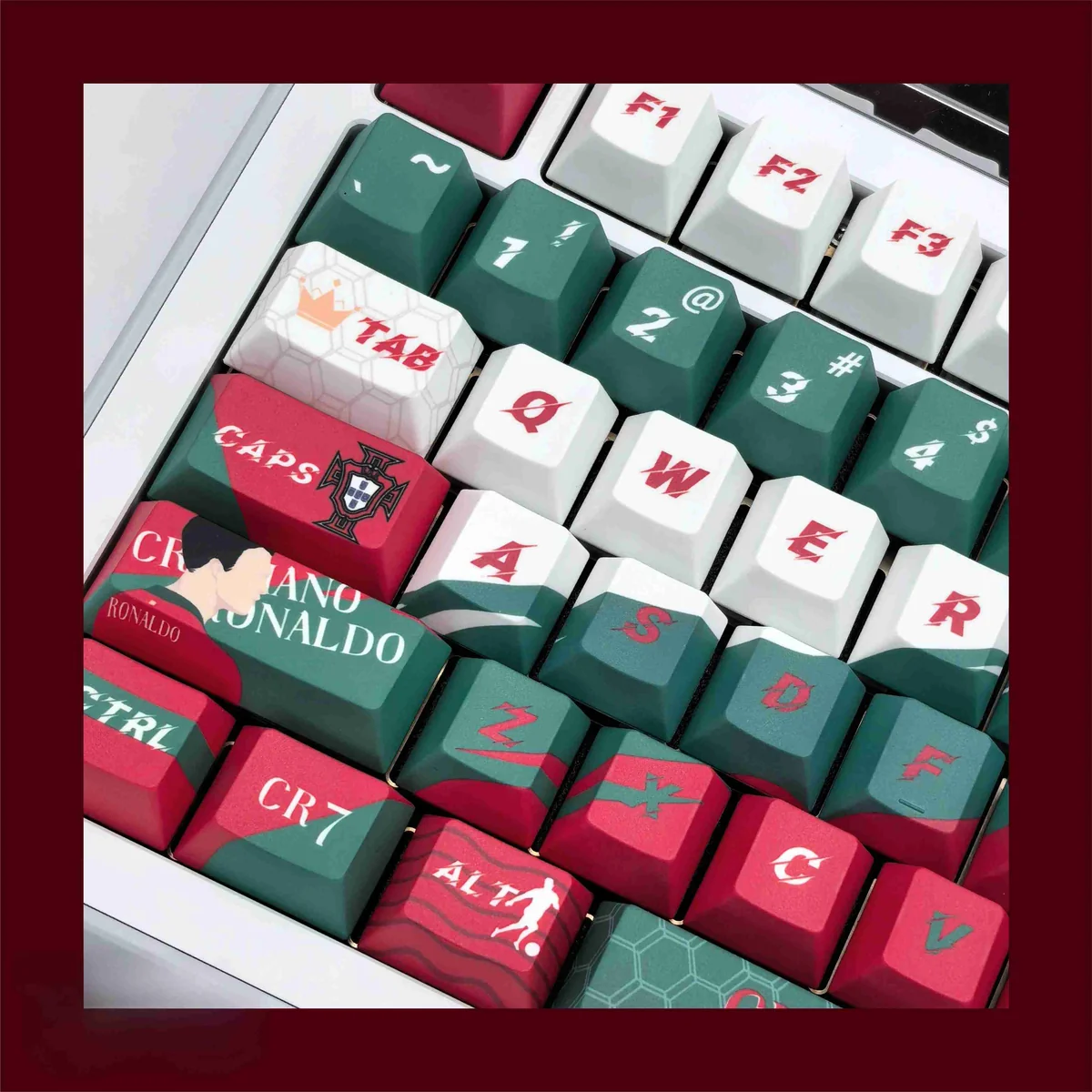 Exclusive Cristiano Ronaldo PBT Keycaps set, CR7 football legend tribute. Multiple premium angles reveal dynamic sports imagery.