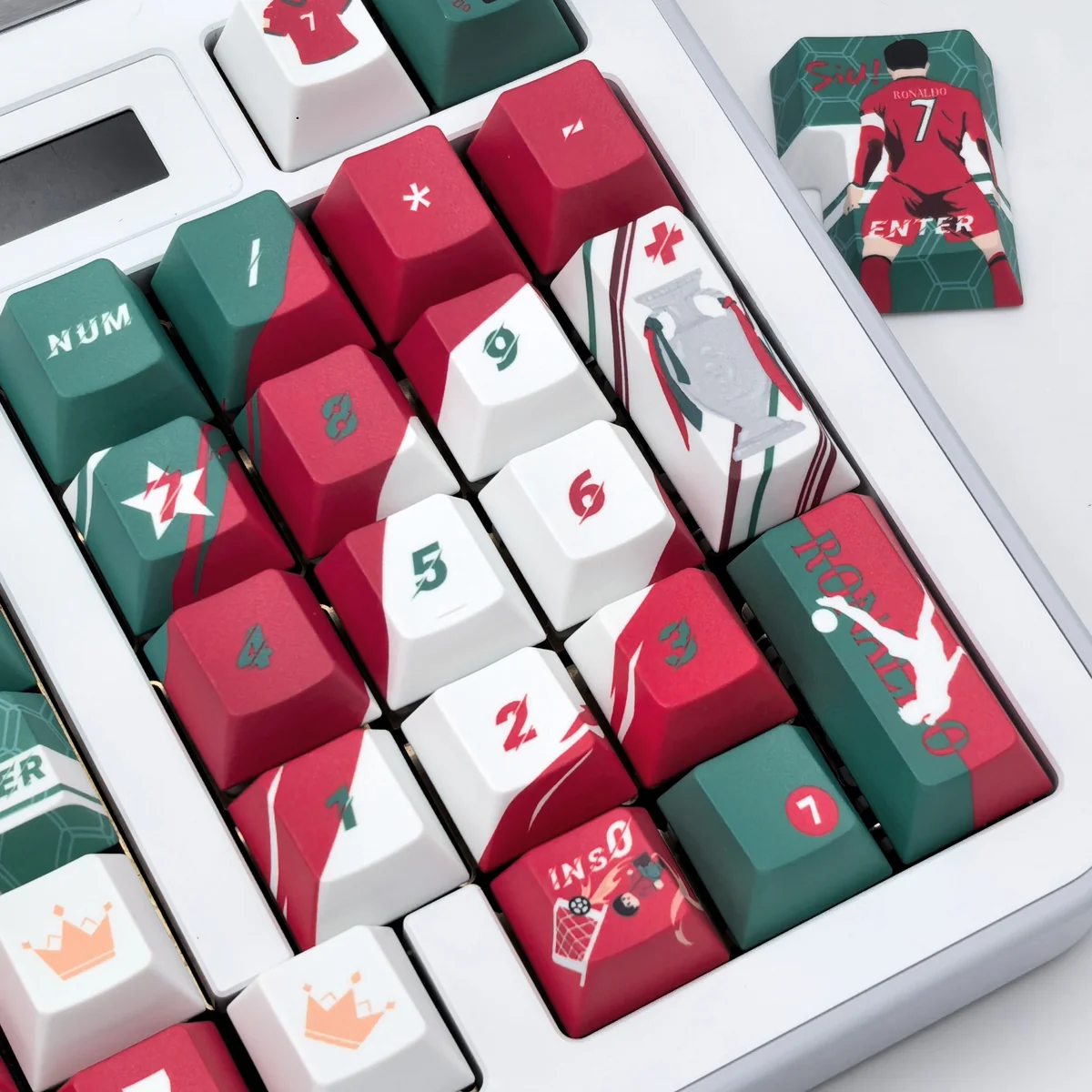 Multiple detailed views of the exclusive Cristiano Ronaldo PBT Keycaps, CR7 Football Legend Set, showcasing premium design and dynamic football aesthetic.