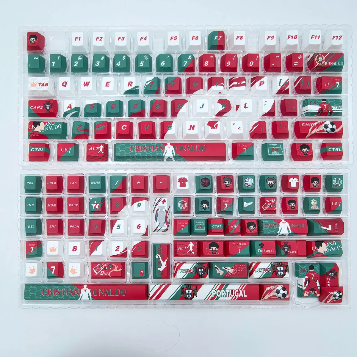 Exclusive Cristiano Ronaldo PBT Keycaps set, showcasing CR7's iconic football legend imagery with a dynamic sports tribute.