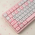 Close-up of adorable Chiikawa Crystal MAO keycaps from various angles, showcasing their unique clear design and whimsical characters.