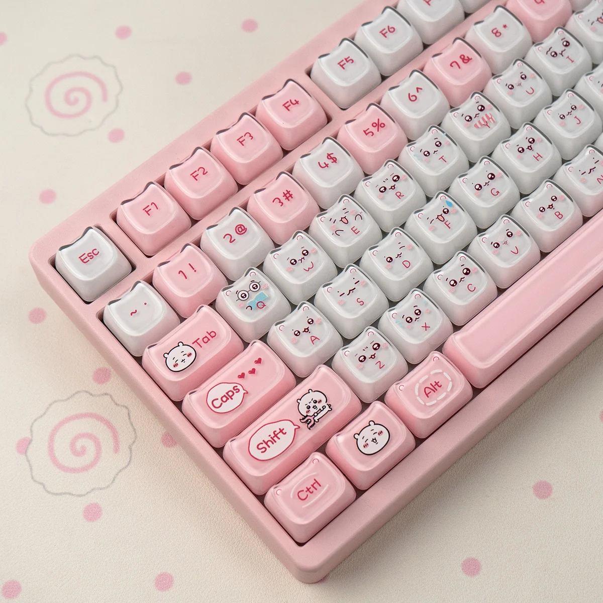 Close-up of adorable Chiikawa Crystal MAO keycaps from various angles, showcasing their unique clear design and whimsical characters.