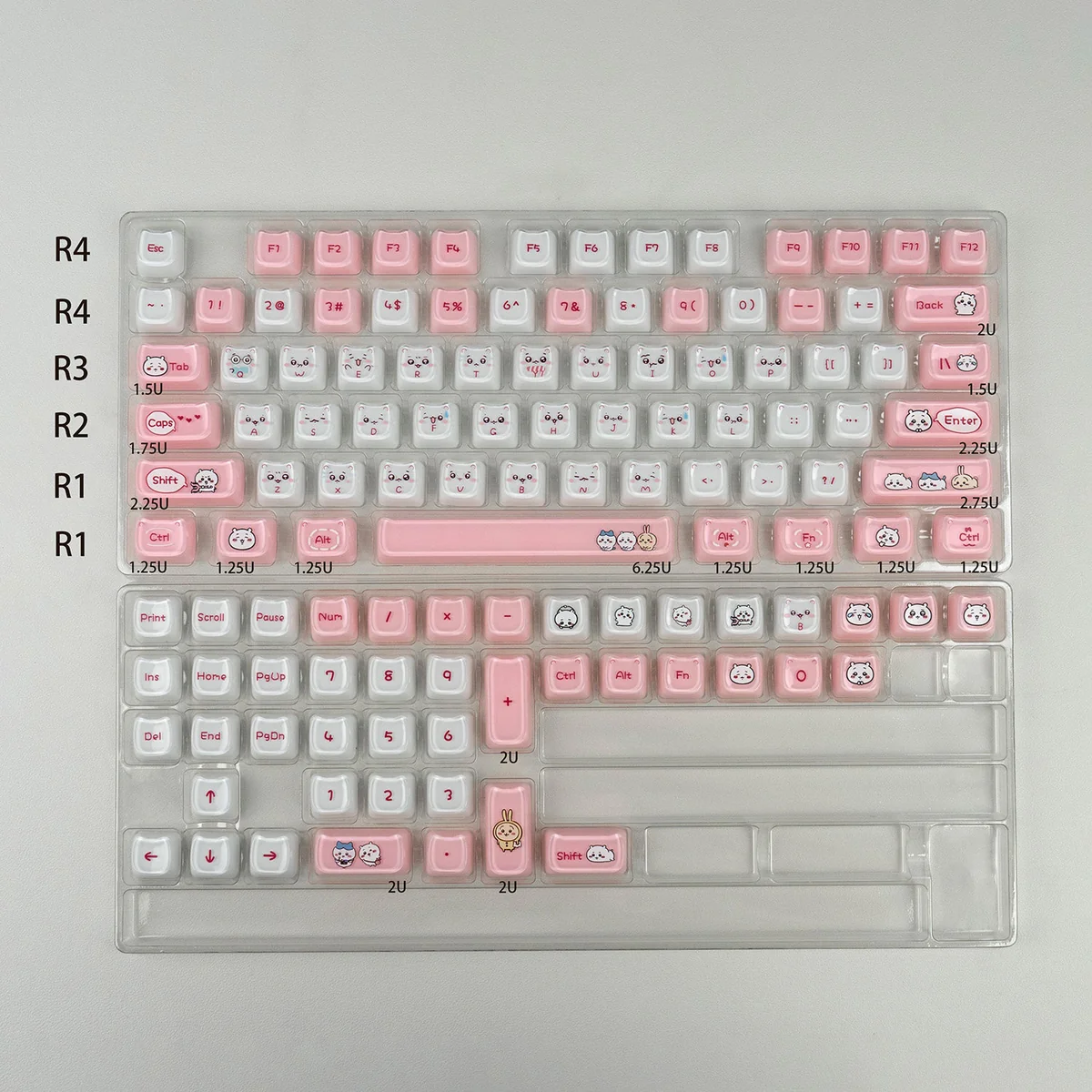 Adorable Chiikawa Crystal MAO keycaps set. Whimsical characters, unique clear translucent design, and playful charm are visible from different angles.