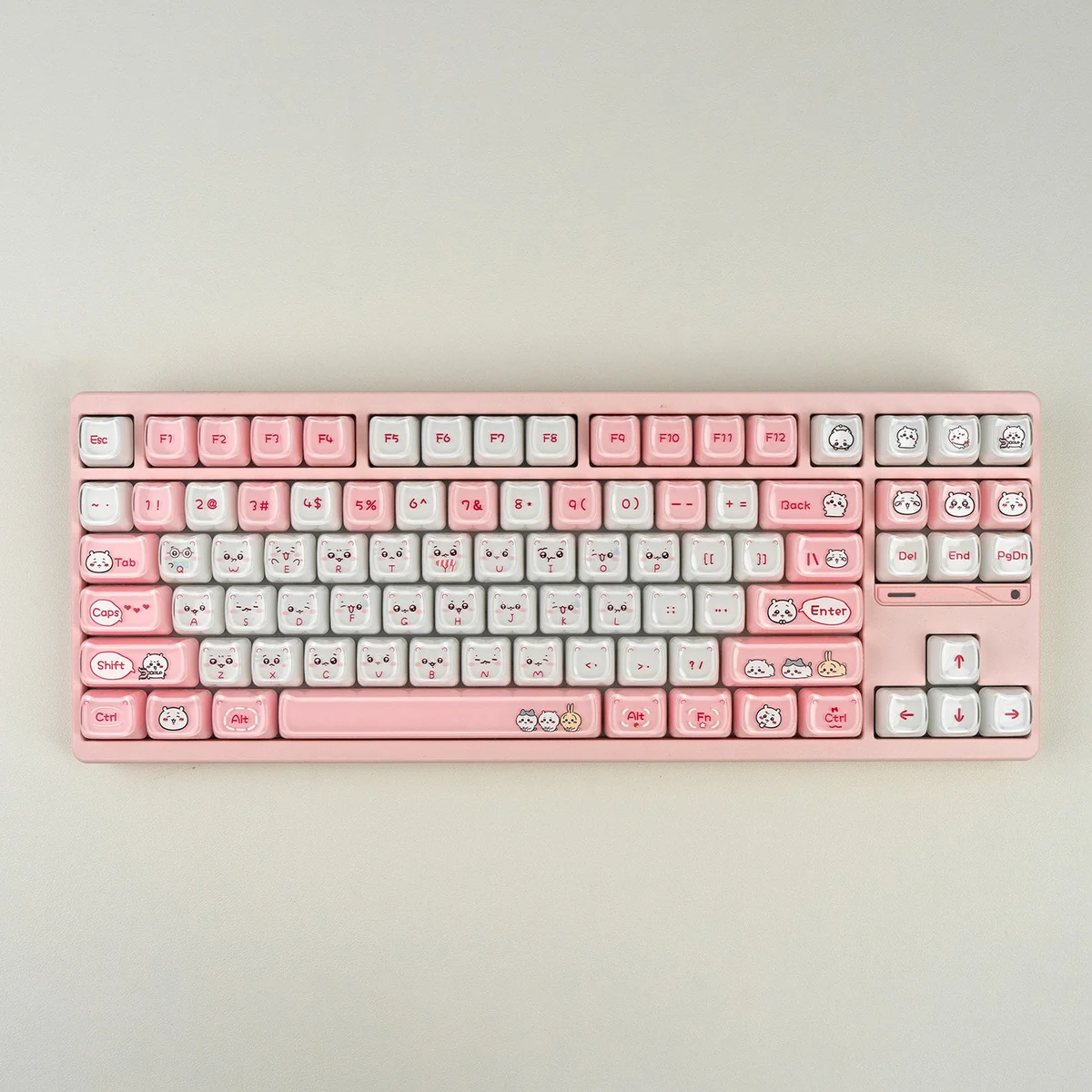 Close-up of adorable Chiikawa Crystal MAO keycaps set, highlighting whimsical characters and unique clear design with playful charm.