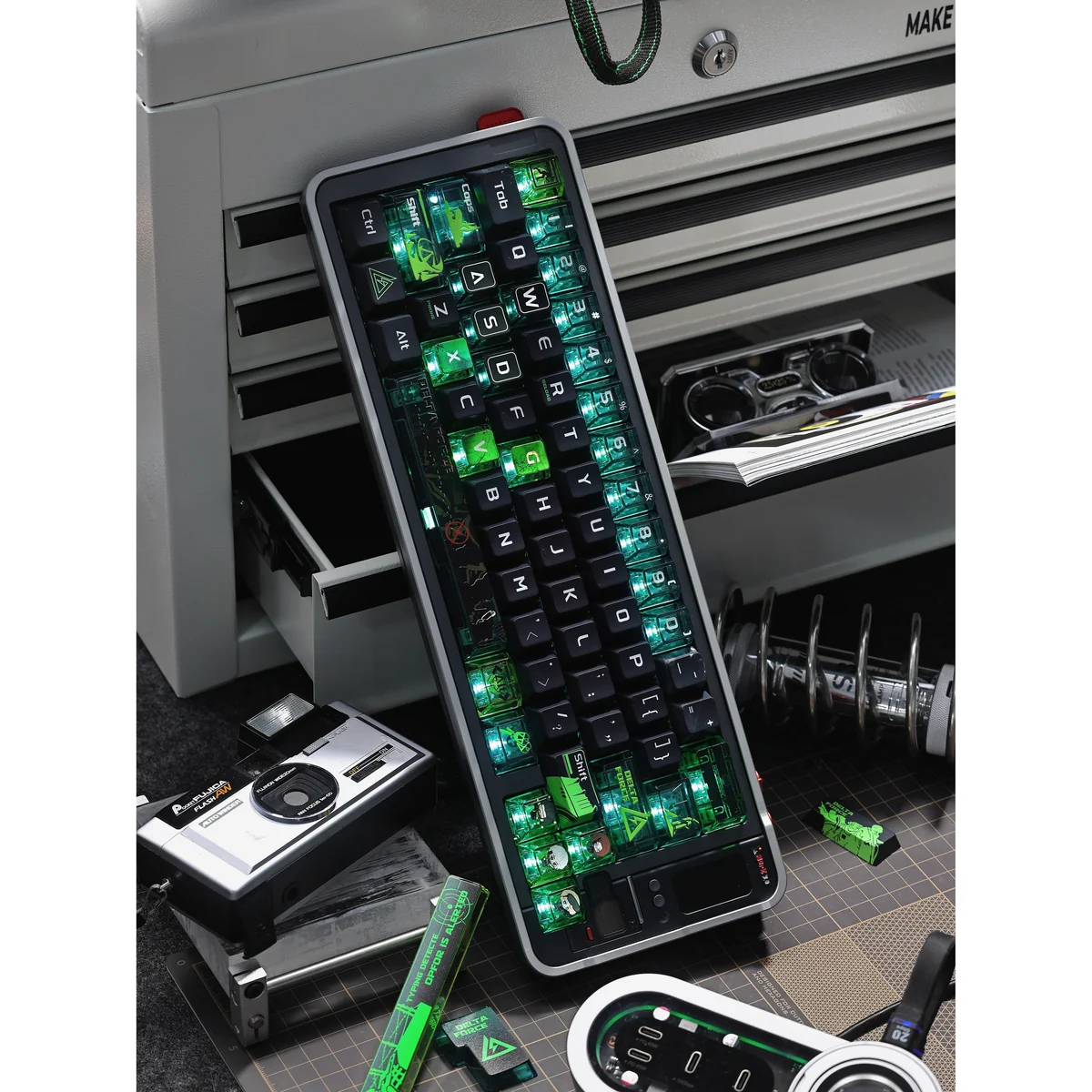 Premium Delta Force Tactical PBT keycaps set, featuring rugged military aesthetics and exclusive legends, viewed from various angles for gamers.