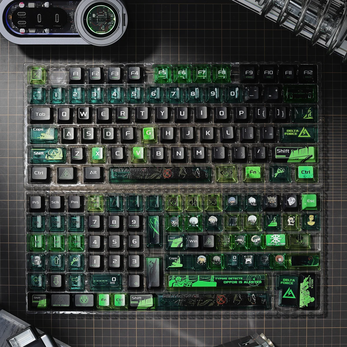 Premium Delta Force Tactical PBT keycaps set displayed prominently, featuring rugged military-inspired design for elite gaming setups.