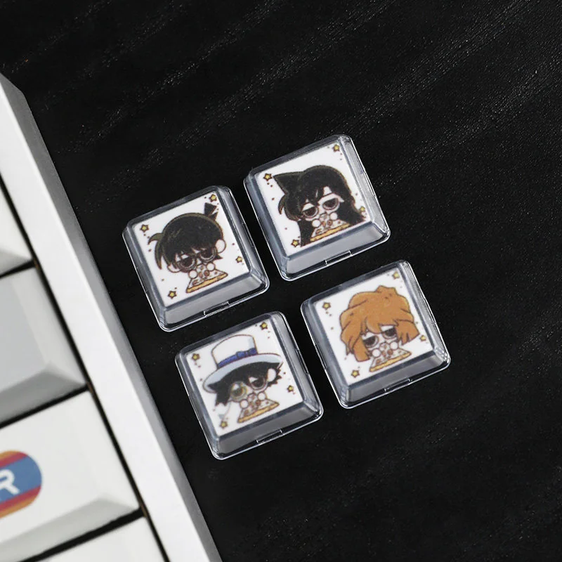 Handcrafted Detective Conan resin artisan keycaps, showcasing intricate details of iconic characters and vibrant resin from multiple angles.
