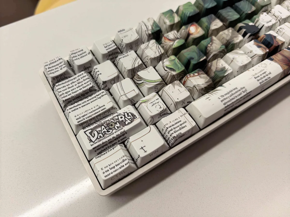 Vibrant Dragon Ball Z Shenron Goku side-printed PBT keycaps set. Playful character art and unique legends, viewed from multiple angles.