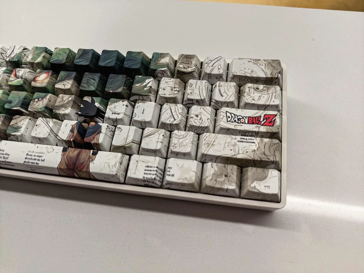 Vibrant Dragon Ball Z side-printed PBT keycaps set showcasing iconic Shenron and Goku from playful angles. This set highlights unique character legends.