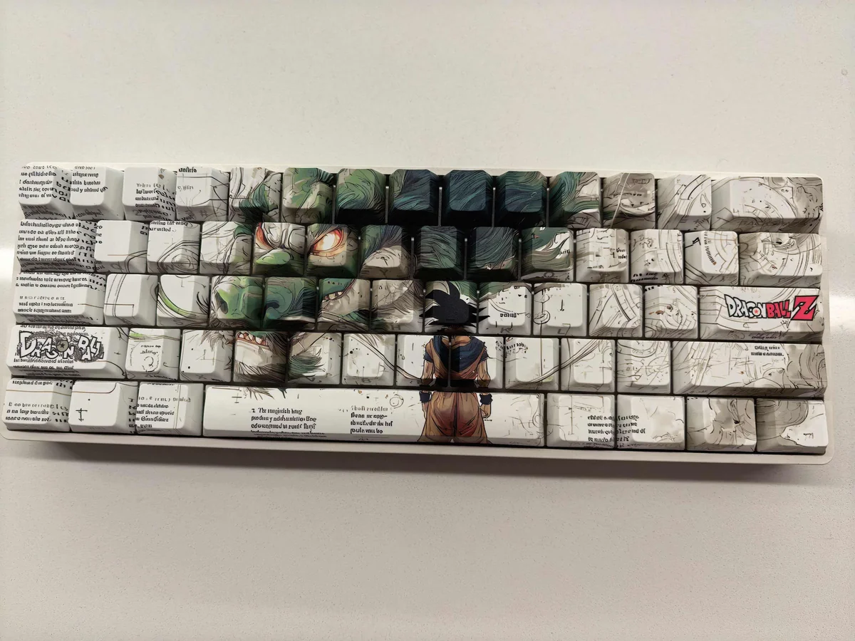 Playful close-up of the Dragon Ball Z Shenron and Goku side-printed PBT keycaps set, vibrant characters from a unique angle, highlighting iconic design.