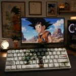 Vibrant Dragon Ball Z Shenron and Goku PBT keycaps set, featuring iconic side-printed legends for a playful, unique keyboard.