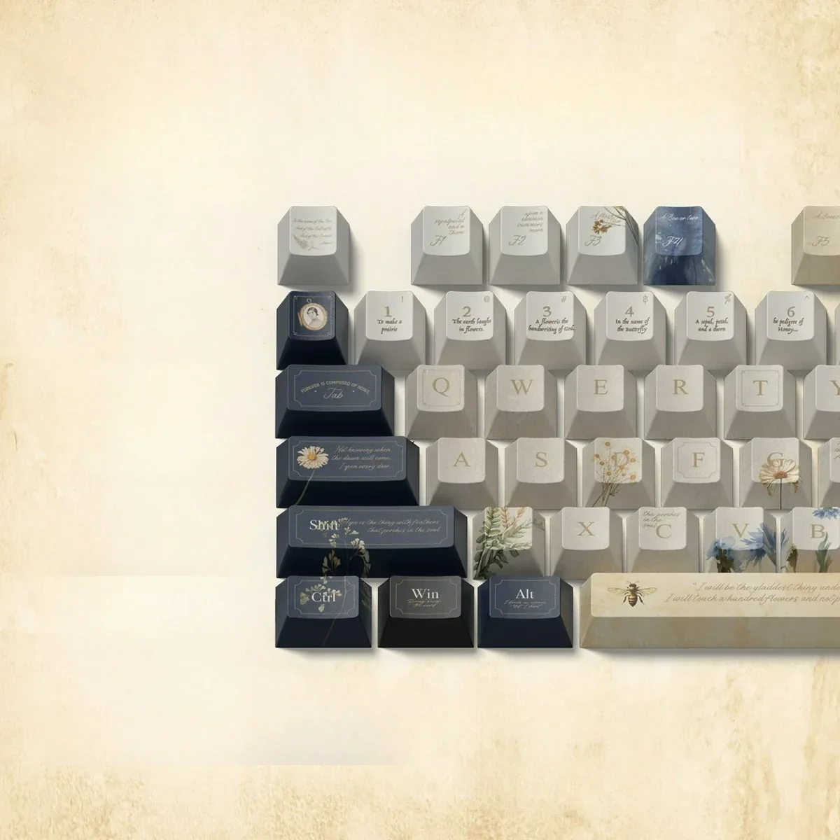 An artistic close-up of the Emily Dickinson Keycaps set, showcasing delicate vintage designs, muted tones, and subtle golden accents, embodying the poetic design.