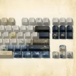 A collection of Emily Dickinson keycaps set, showcasing various angles of the poetic enclosed garden set with vintage muted tones and subtle accent.