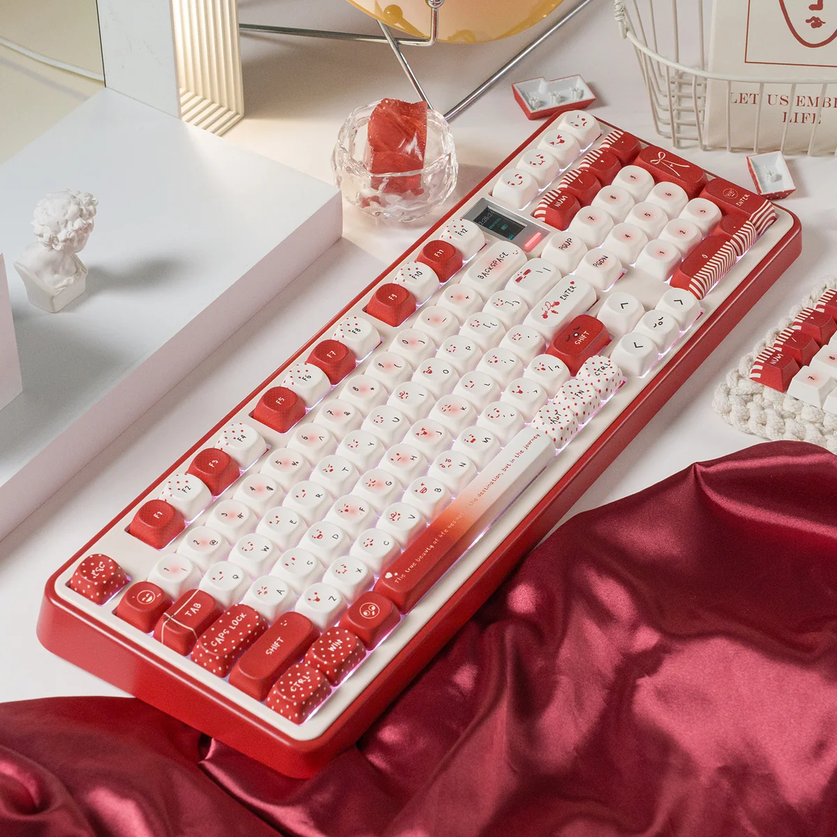 A playful full set of cute red emoticon PBT keycaps in MOA profile, showcasing various charming kaomoji and heart designs from multiple angles.