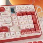 Cute red emoticon PBT keycaps in MOA profile, playfully showcasing various kaomoji and charming heart accents from multiple detailed angles.