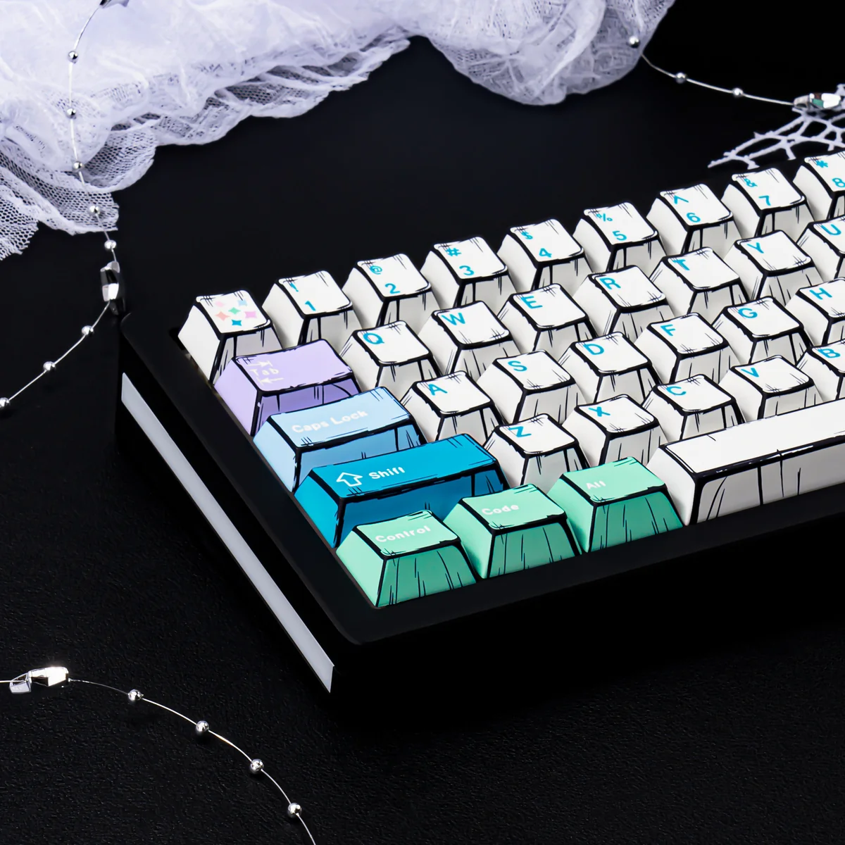 A collection of Fairy Manga PBT keycaps, showcasing exquisite, vibrant manga art of ethereal fairy characters from various angles.