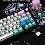 Artistic close-up of Fairy Manga PBT Keycaps Set, detailing vibrant ethereal fairy art from various angles, emphasizing durable PBT and Cherry profile.