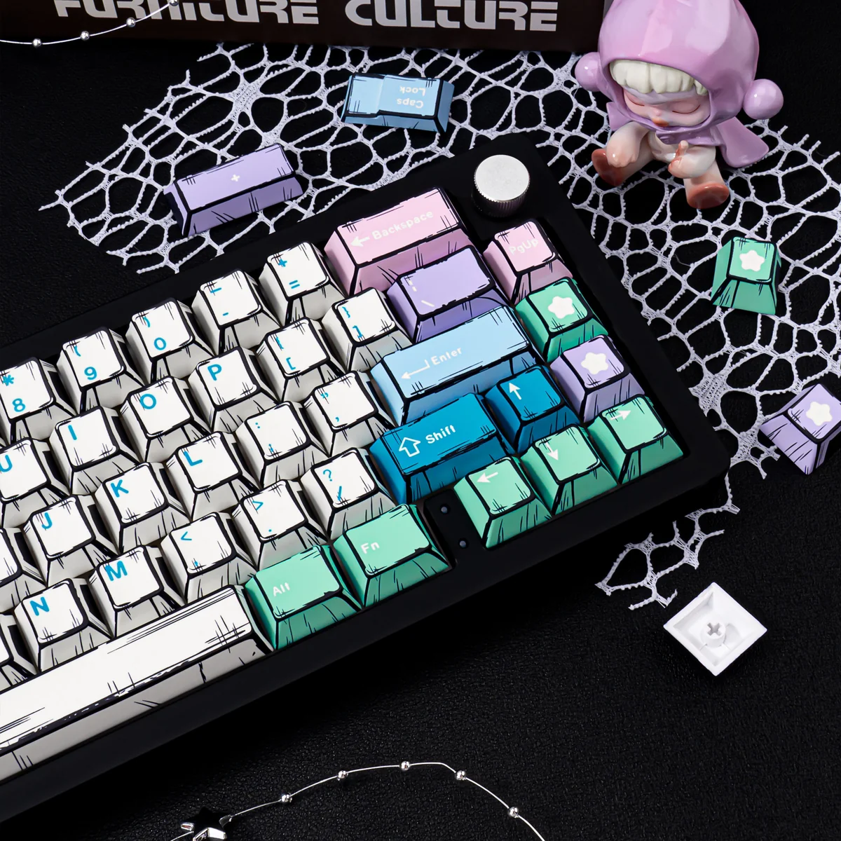 Artistic close-up of Fairy Manga PBT Keycaps Set, detailing vibrant ethereal fairy art from various angles, emphasizing durable PBT and Cherry profile.