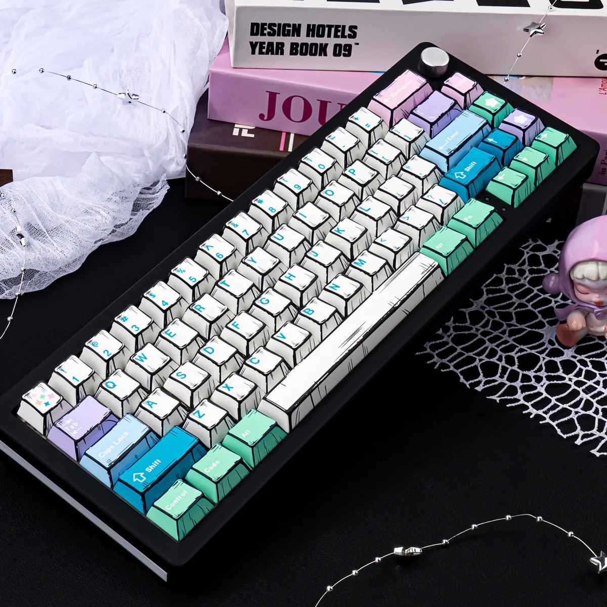 Close-up view of the Fairy Manga PBT Keycaps Set, highlighting the exquisite, vibrant manga art of ethereal fairy characters on durable Cherry profile keyboard.