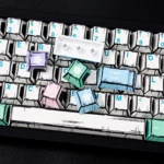 Close-up of the Fairy Manga PBT Keycaps Set, showcasing the exquisite and vibrant ethereal fairy art from multiple angles. Durable Cherry profile.