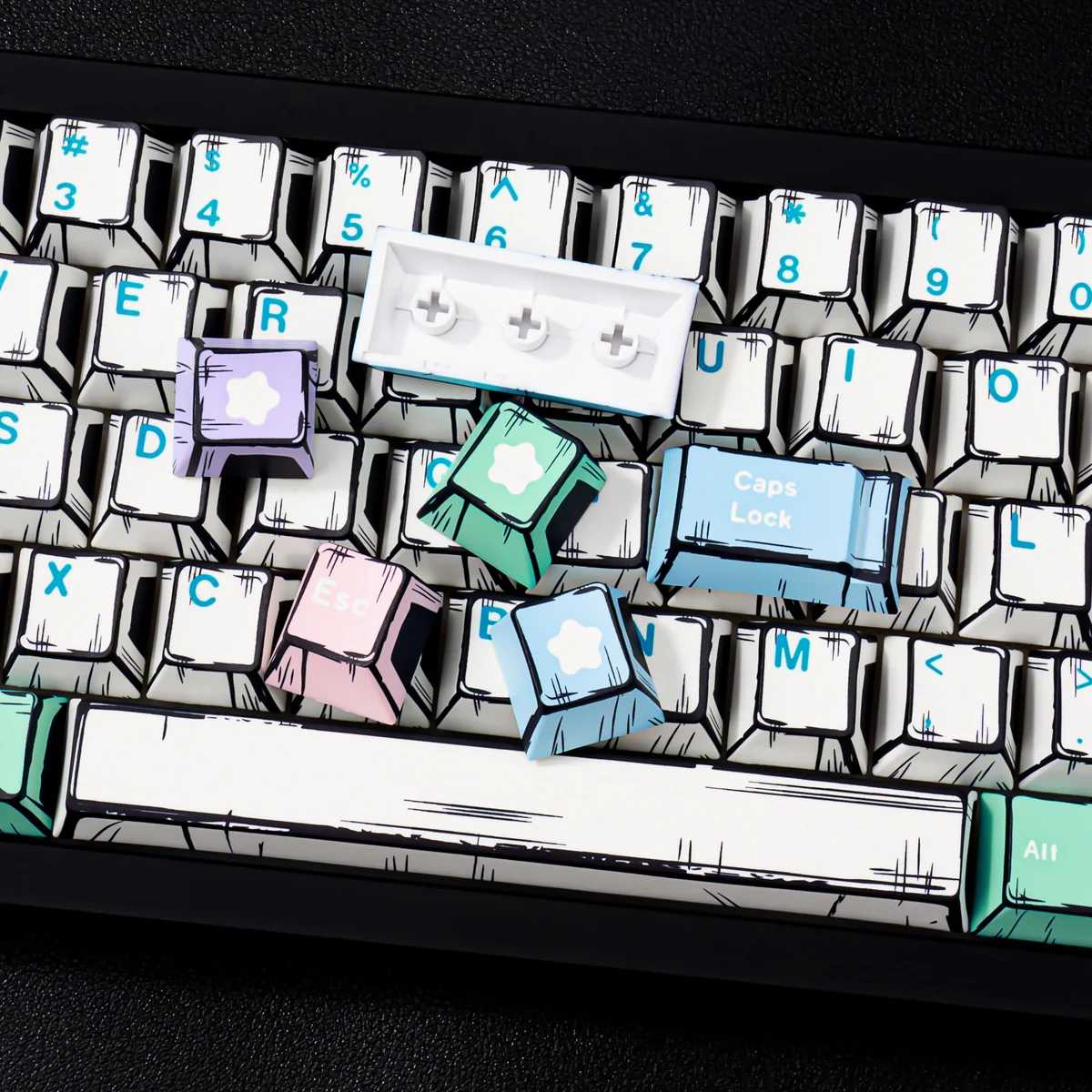 Close-up of the Fairy Manga PBT Keycaps Set, showcasing the exquisite and vibrant ethereal fairy art from multiple angles. Durable Cherry profile.