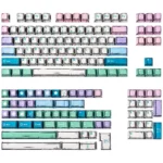 Artistic Fairy Manga PBT Keycaps set presented from multiple perspectives, featuring charming, vibrant fairy characters on durable PBT keys, emphasize ergonomics.