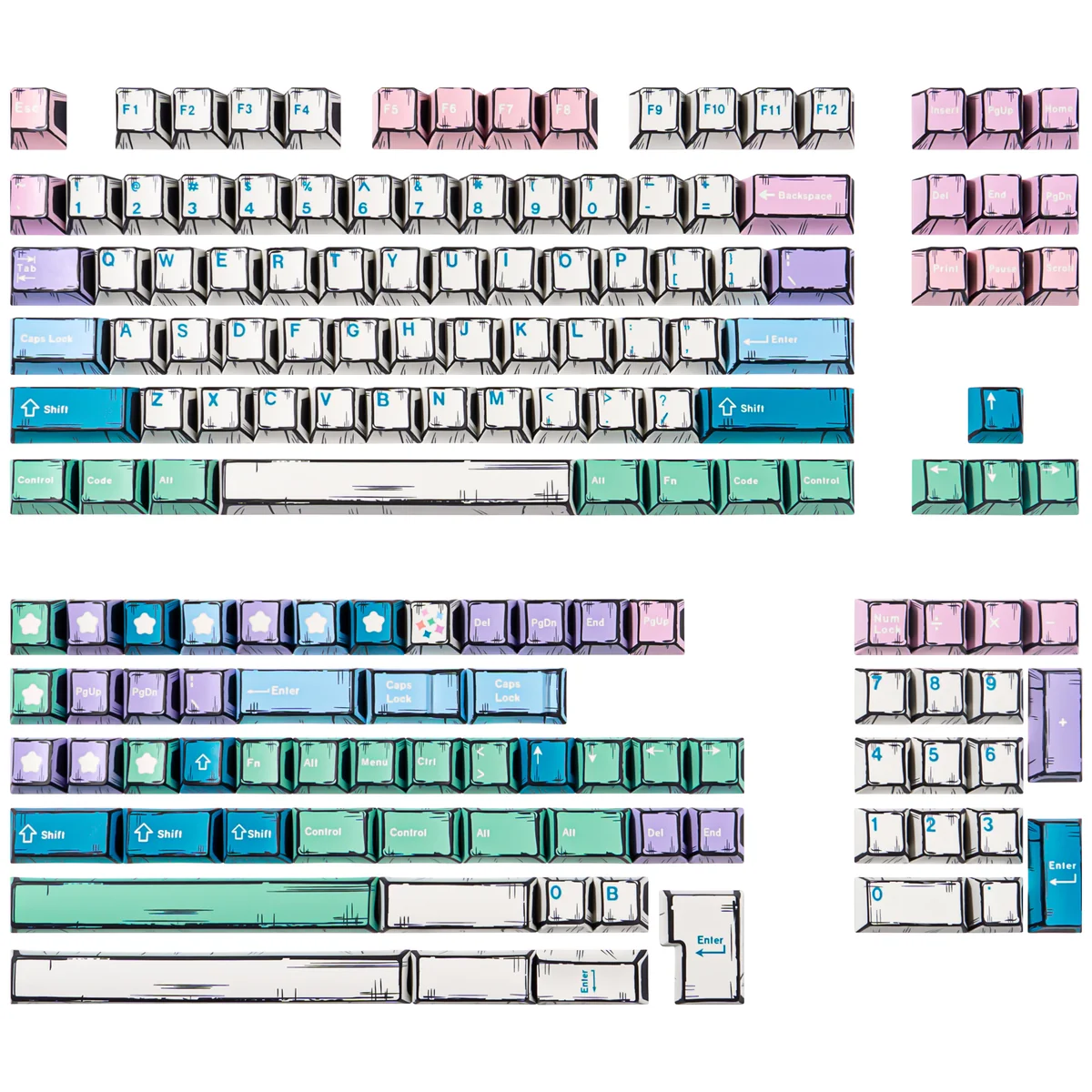 Artistic Fairy Manga PBT Keycaps set presented from multiple perspectives, featuring charming, vibrant fairy characters on durable PBT keys, emphasize ergonomics.