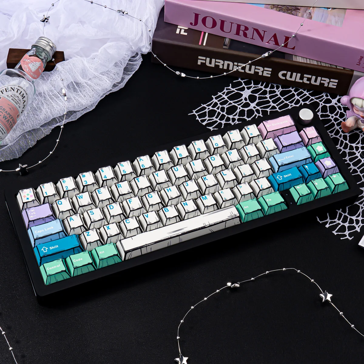 A full set of Fairy Manga PBT Keycaps, showcasing exquisite, vibrant manga art with ethereal fairy characters on durable Cherry profile keycaps.