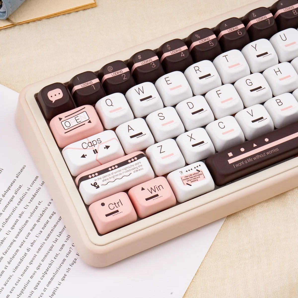 Close-up of the retro-futuristic 'Fantasy Information' PBT dye-sub keycaps, revealing intricate digital data stream aesthetics.