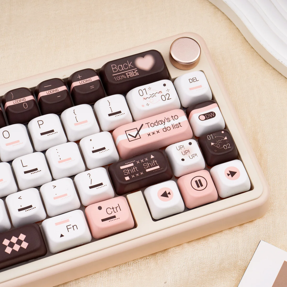 Close-up of unique Fantasy Information PBT dye-sub keycaps, revealing retro-futuristic digital data streams and abstract vintage tech aesthetics.