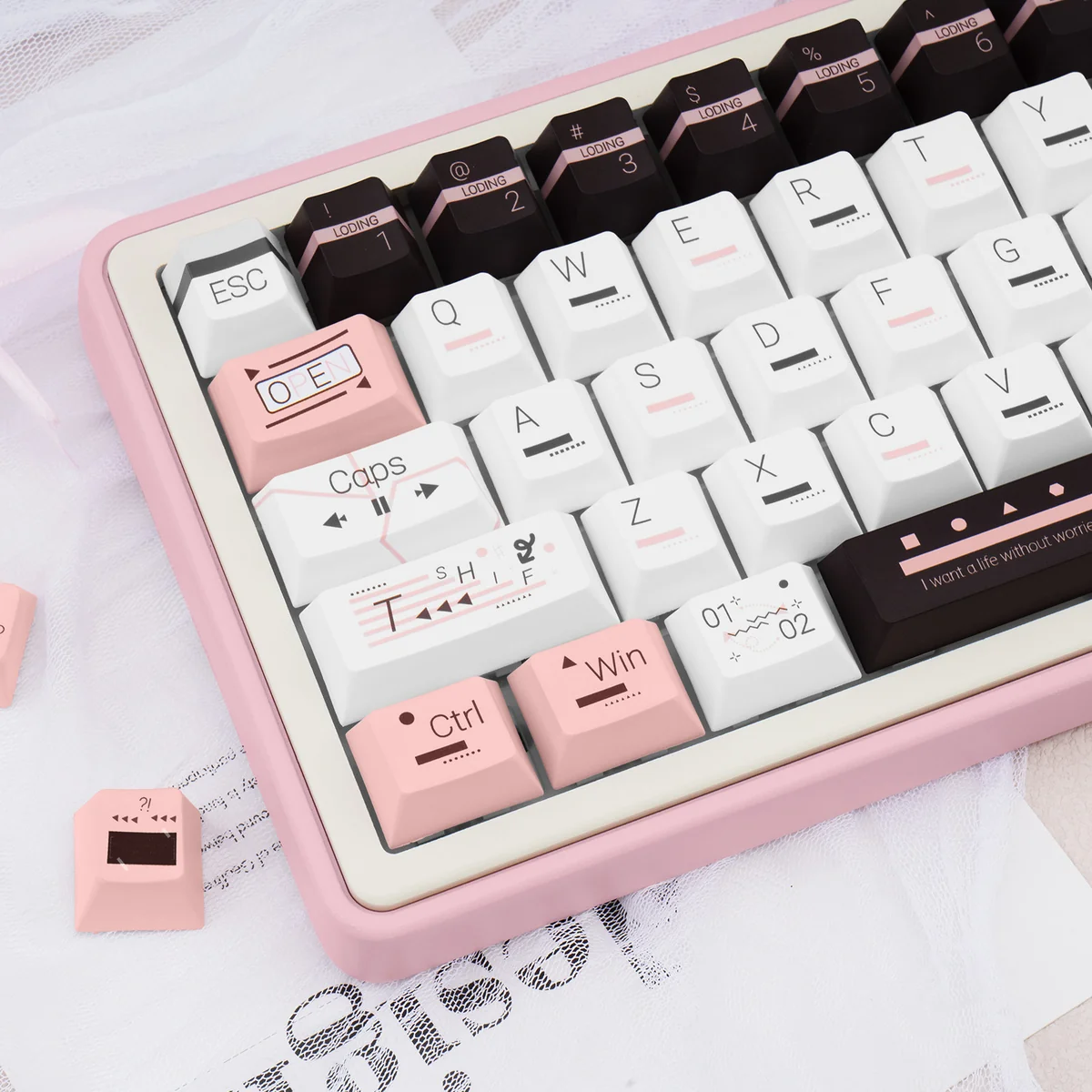Unique PBT dye-sub Fantasy Information keycaps, showing retro-futuristic data aesthetics from various angles, highlighting artistic design.