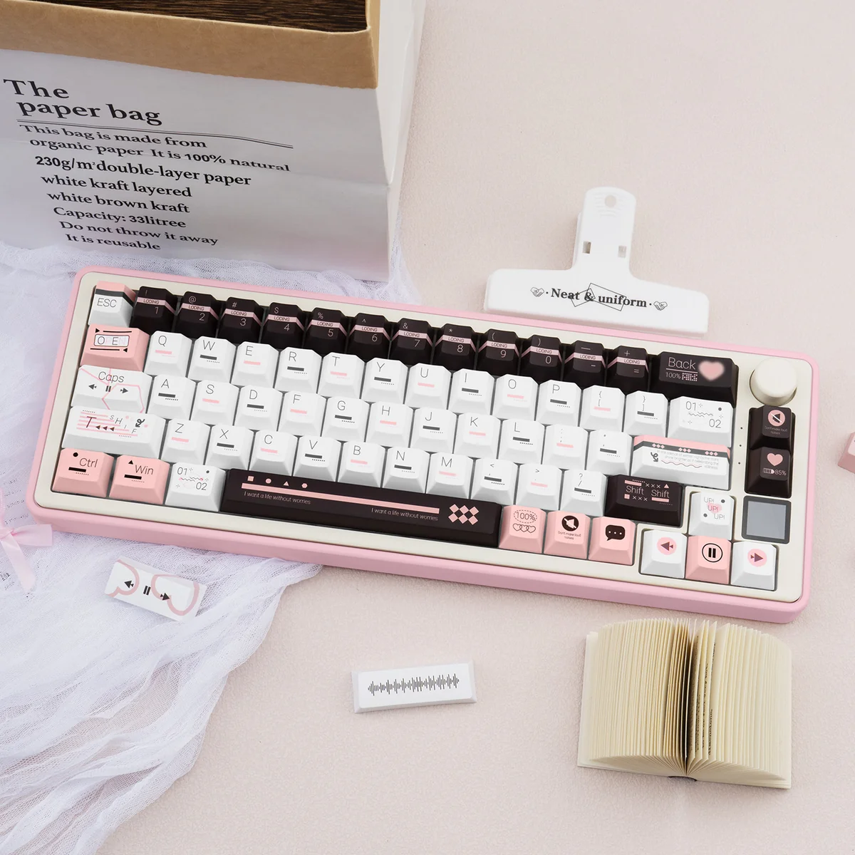 Close-up of a 'Fantasy Information' PBT dye-sub fantasy keycap set, showcasing retro-futuristic data stream patterns and vintage tech aesthetics.