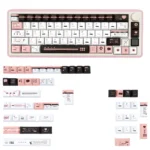 Detailed view of the unique PBT dye-sub Fantasy Information keycaps, highlighting retro-futuristic digital data stream patterns and artistic vintage.