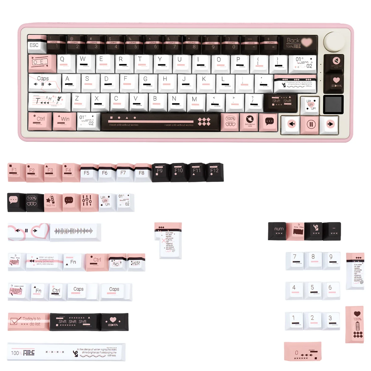 Detailed view of the unique PBT dye-sub Fantasy Information keycaps, highlighting retro-futuristic digital data stream patterns and artistic vintage.