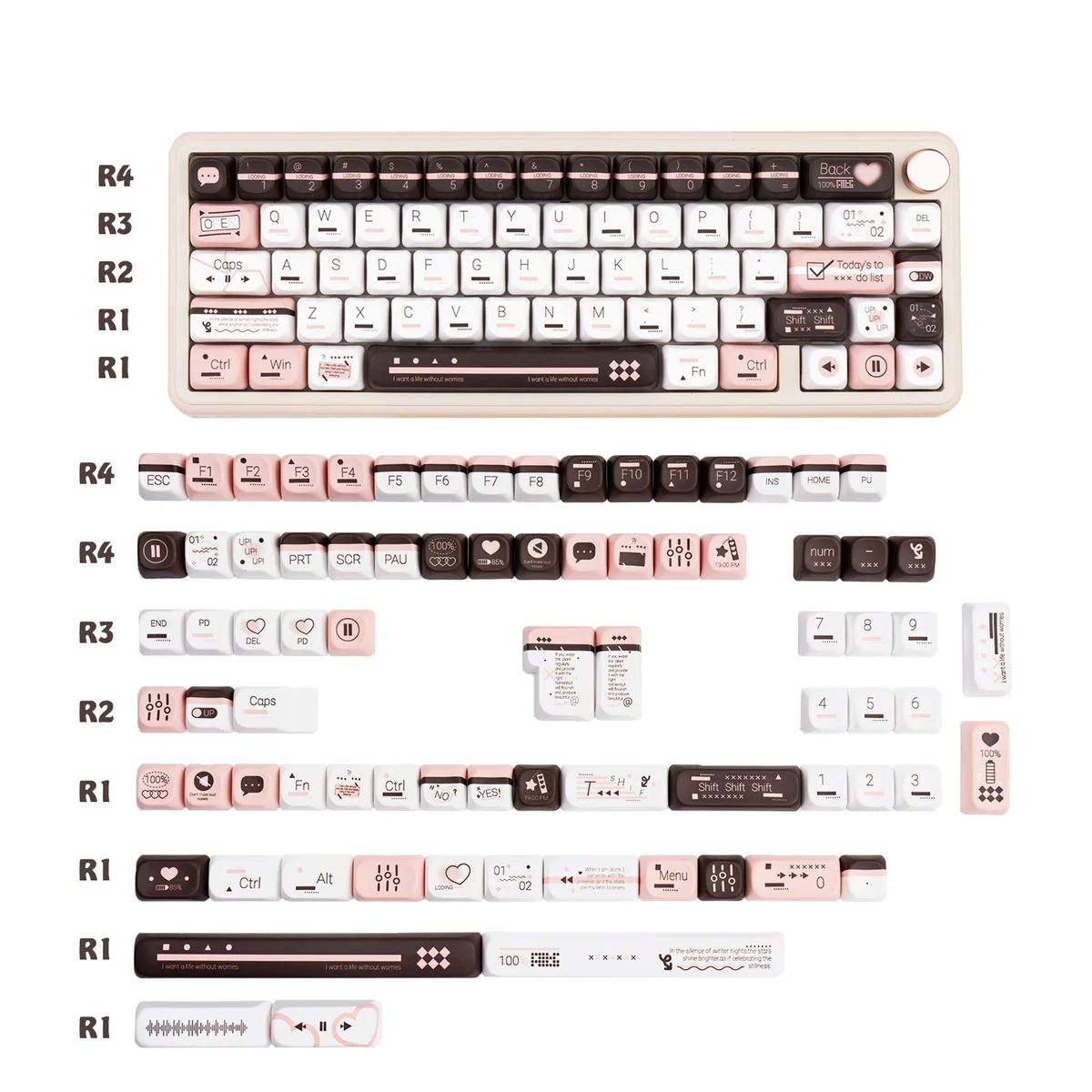 Original Fantasy Information 145-key PBT dye-sub keycap set, featuring unique retro-futuristic data stream aesthetics.