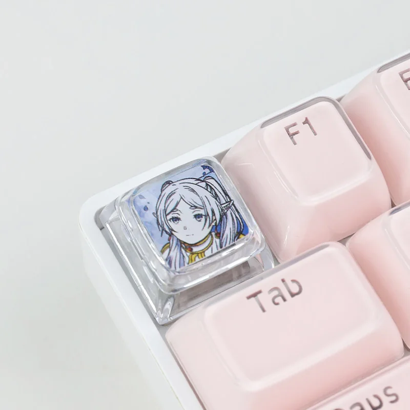 Exclusive Frieren transparent artisan keycap, from a unique angle, highlighting its elegant design and evoking Frieren's magical journey.