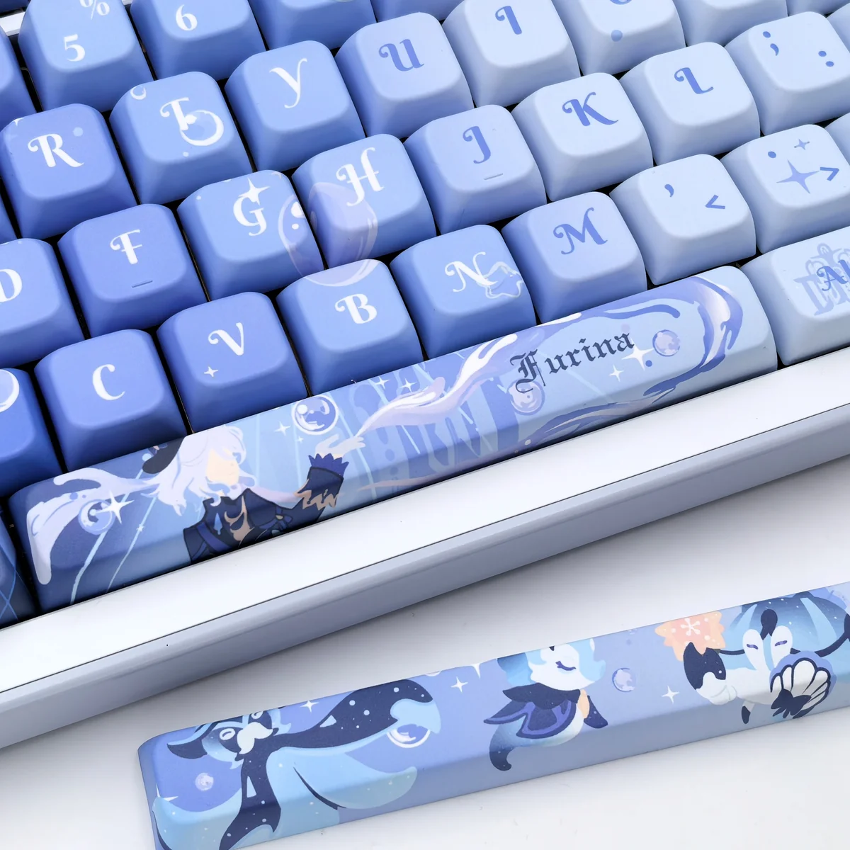 Artistic top-down view of exclusive Genshin Impact Furina 2.0 PBT keycaps, showcasing vibrant aquatic and celestial motifs with elegant character art.