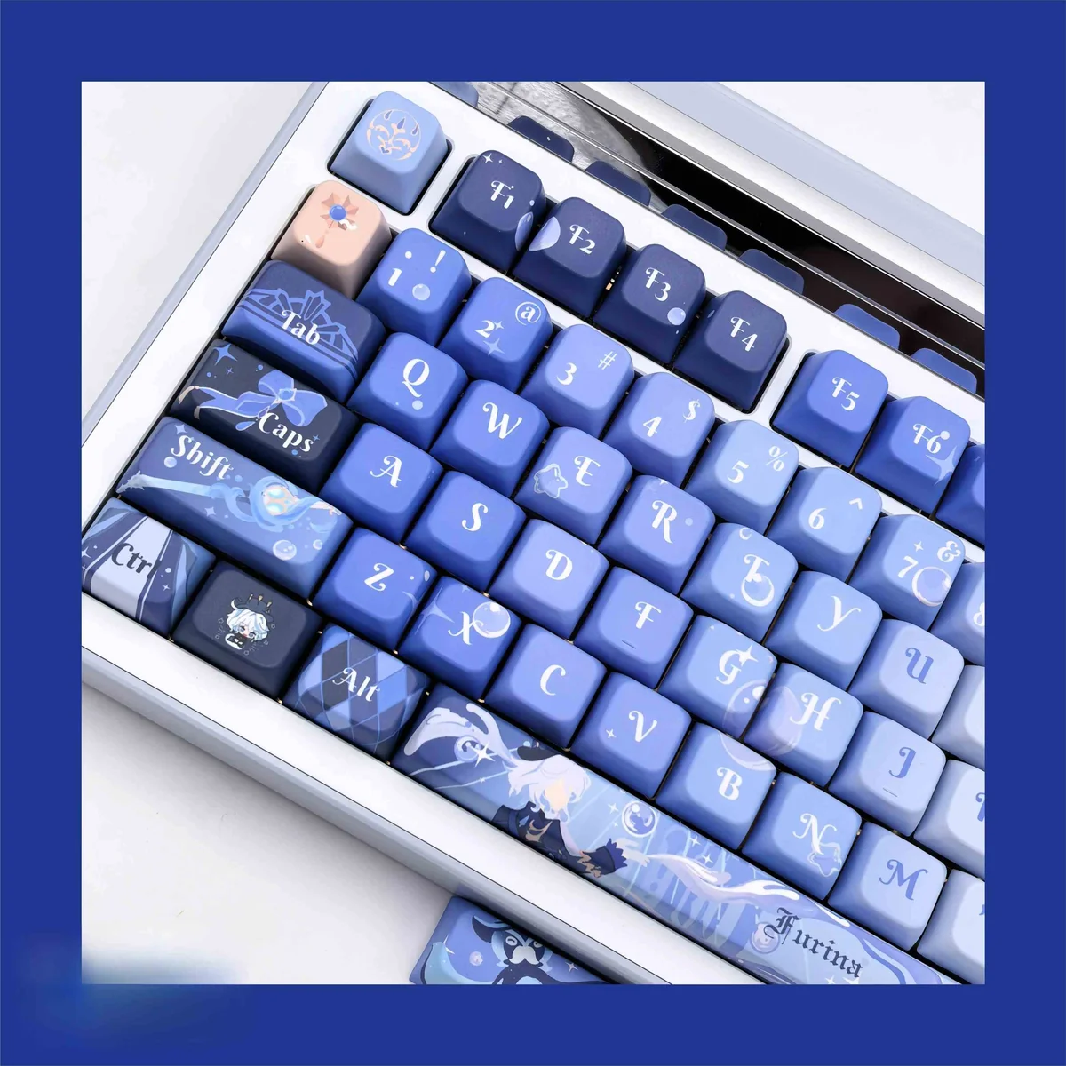 Detailed view of the exclusive Genshin Impact Furina 2.0 PBT keycaps, highlighting elegant character art and vibrant aquatic.