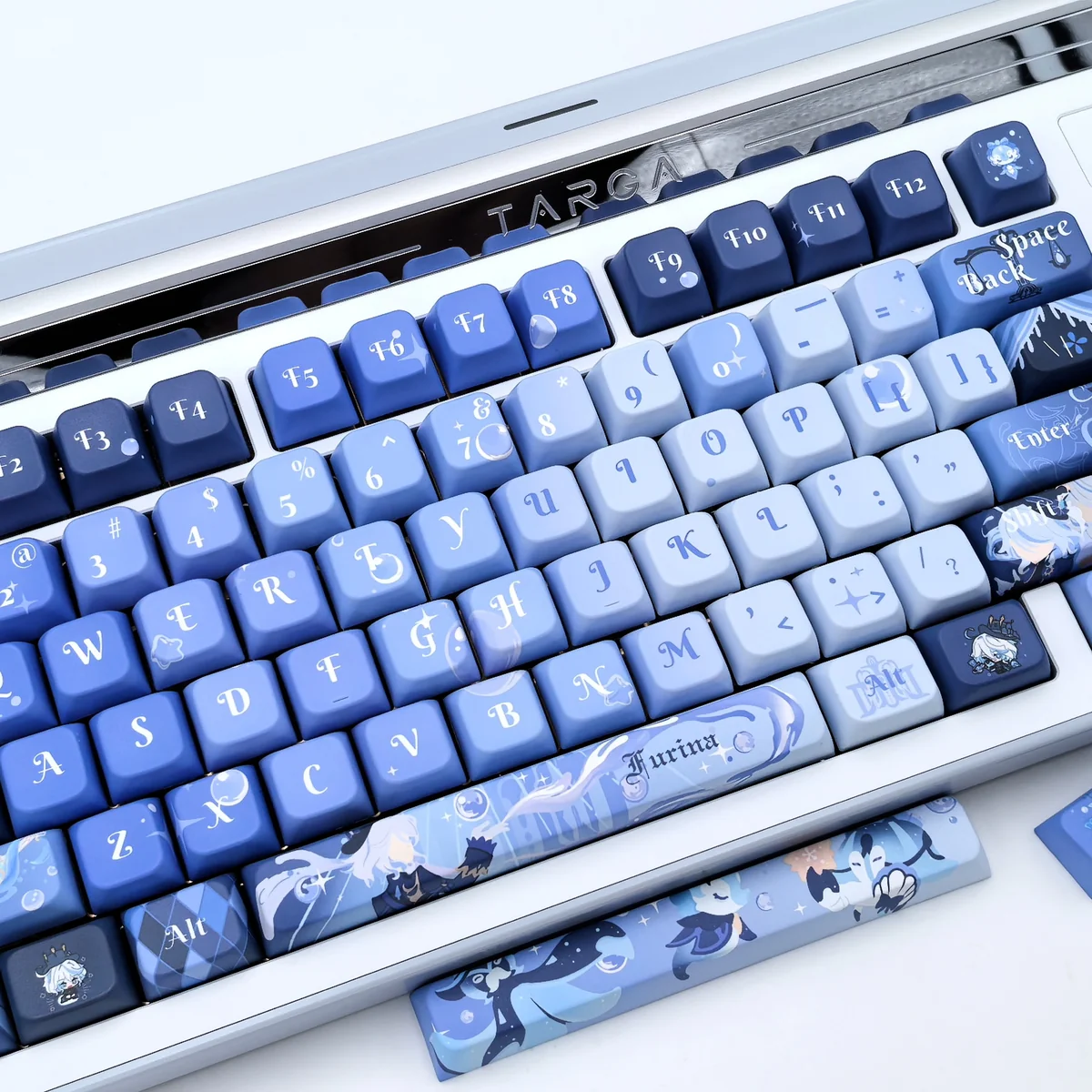 Exclusive Genshin Impact Furina 2.0 PBT keycaps. Elegant character art and vibrant aquatic motifs displayed from a unique angle.