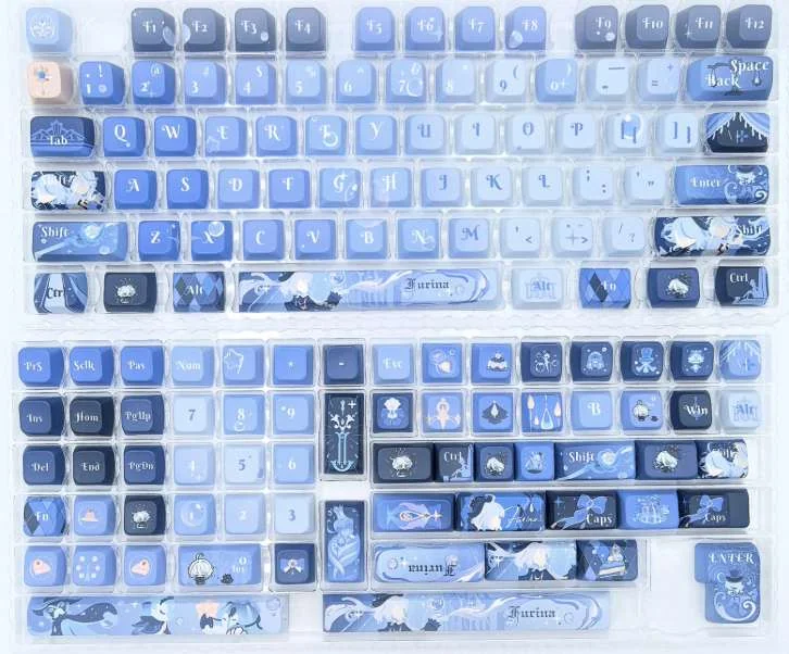Exclusive Furina keycaps from the Genshin Impact Furina 2.0 PBT set, beautifully displayed with elegant character art and vibrant aquatic motifs.