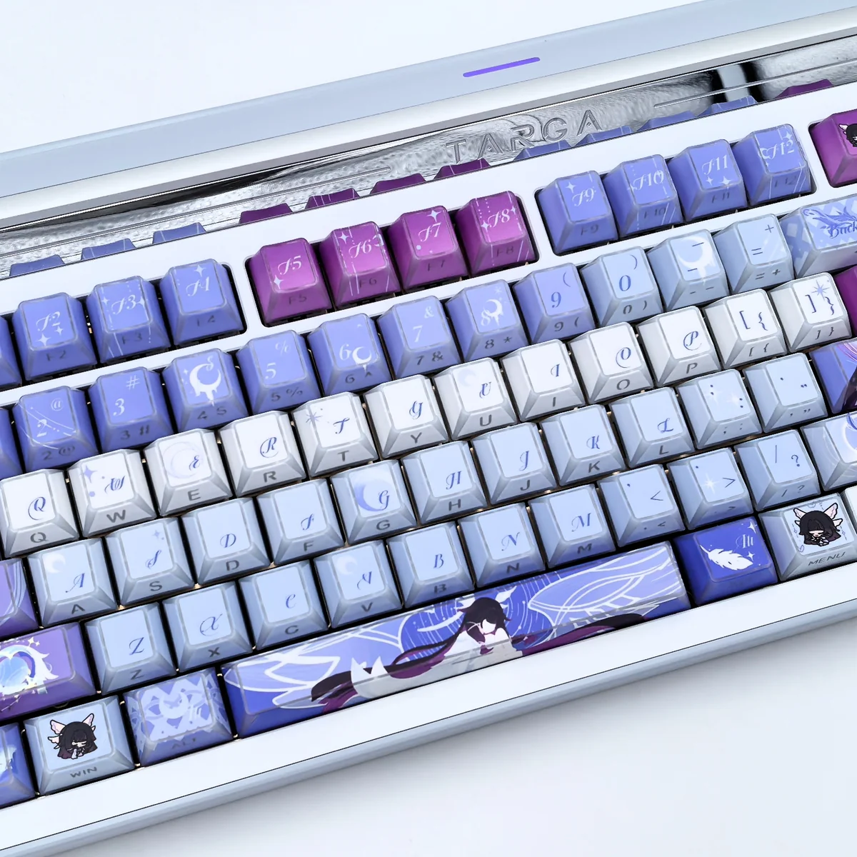 Exclusive Columbina Shadowfold PBT Genshin Impact keycaps, captured from multiple artistic angles, highlighting the ethereal and mysterious shadowfold.