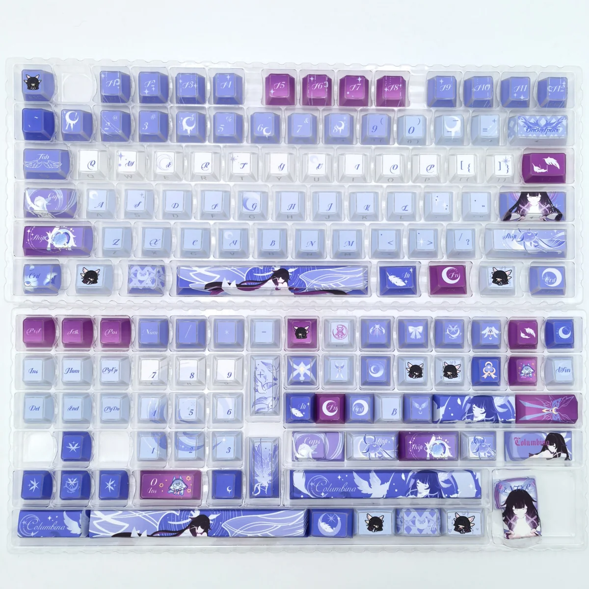 Captivating gallery showcasing the exclusive Genshin Impact Columbina Shadowfold PBT Keycap Set, revealing ethereal designs and mysterious shadowfold.