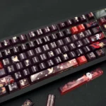Vibrant Genshin Impact Hu Tao artisan keycaps, displayed from various angles. Highlights her iconic ghost companions, character art, and signature companion.