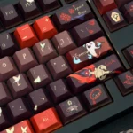 Exquisite Genshin Impact Hu Tao artisan keycap set, vibrant and exclusive, captured from various artistic angles to highlight her iconic ghost companions and signature palette.