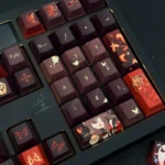 Vibrant Genshin Impact Hu Tao artisan keycaps, showcasing iconic ghost and signature palette from multiple angles.
