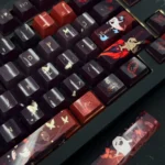 Vibrant Genshin Impact Hu Tao artisan keycaps. Exclusive character art, iconic ghost companions, and signature palette shown from multiple angles.