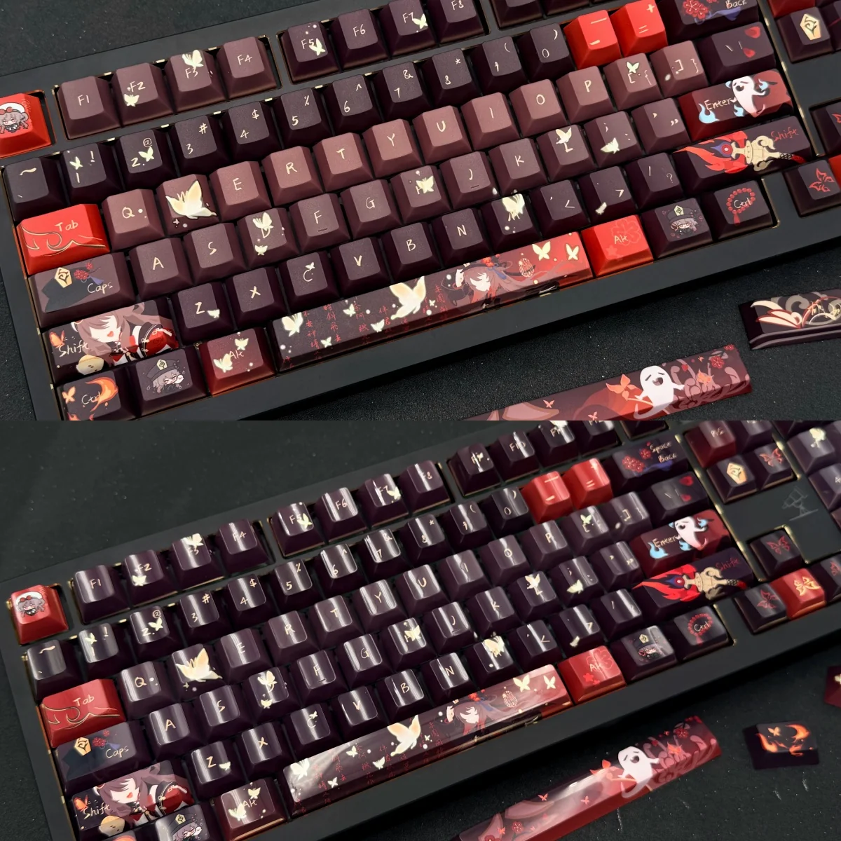 Vibrant Hu Tao artisan keycap set for Genshin Impact, showcasing her iconic ghost companions and signature palette. Exclusive collectible.