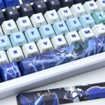 Close-up of the exclusive Genshin Impact Lohen PBT side-engraved keycap, showcasing its mystical character art and premium texture from multiple angles.