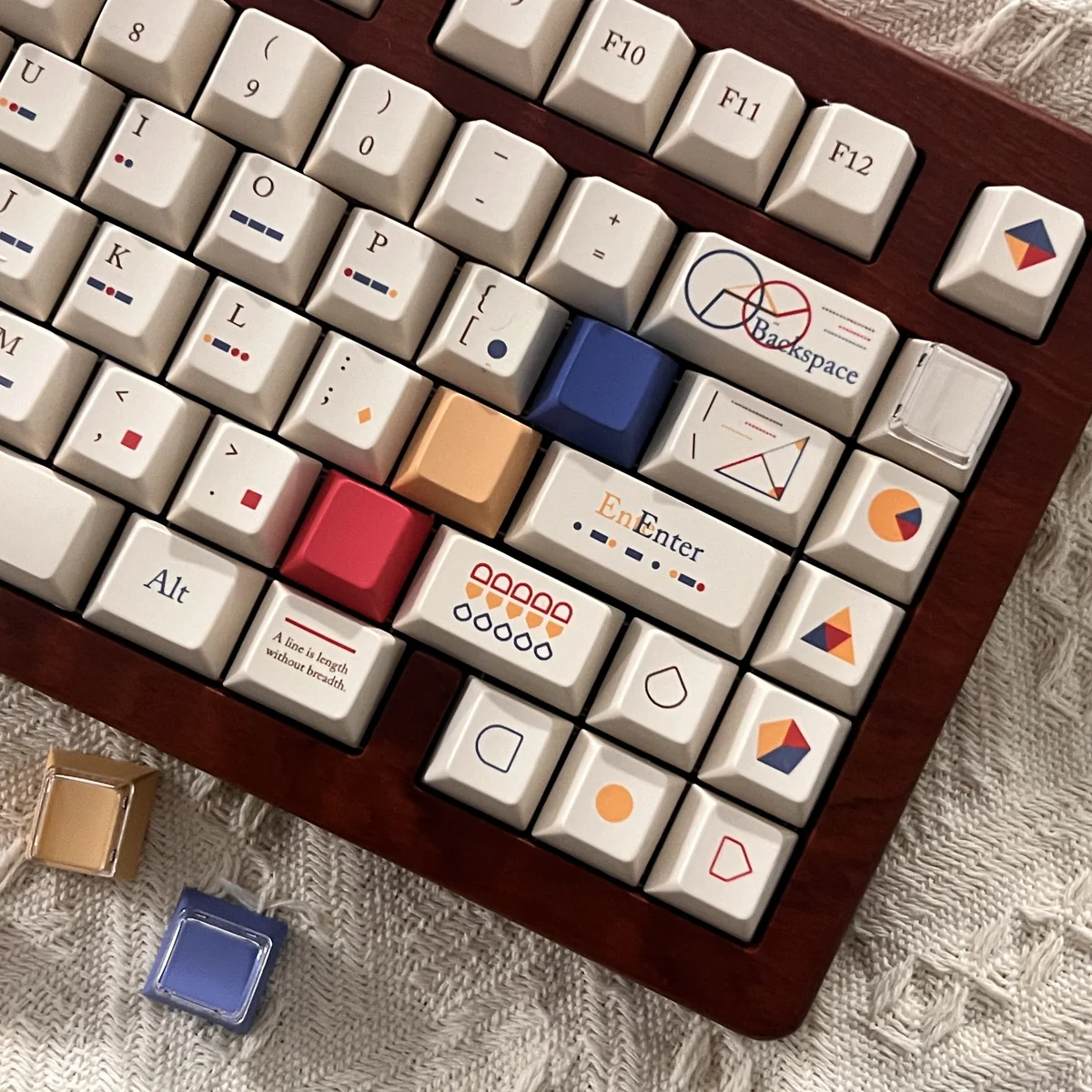 A close-up view of the premium Geometric Keycap Set, revealing its stunning modern art patterns and precise, clean lines for a minimalist aesthetic.