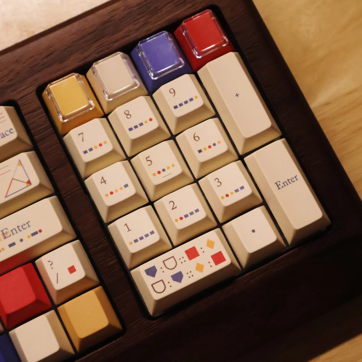 Premium Geometric Keycap Set, artfully angled to show stunning modern patterns, clean lines, and precise design. Complete set, minimalist aesthetic.